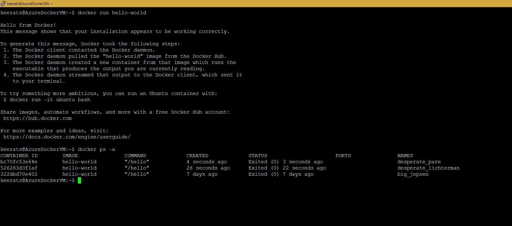 Running hello world on Azure VM