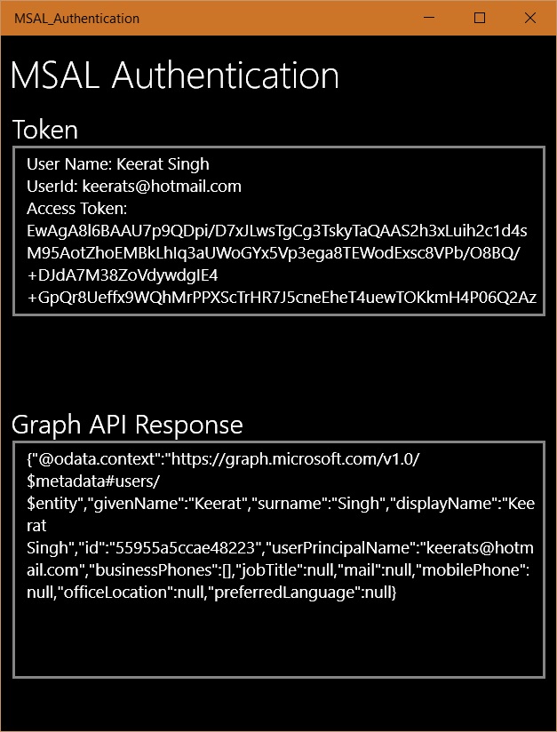 Display Token and Graphi API response