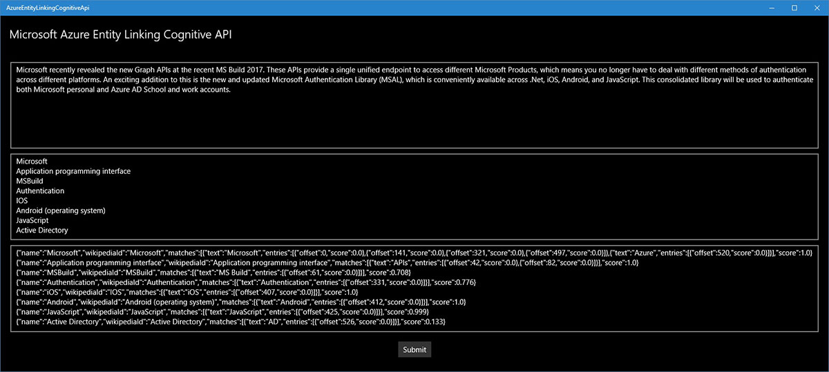 Display Entity Linking API response